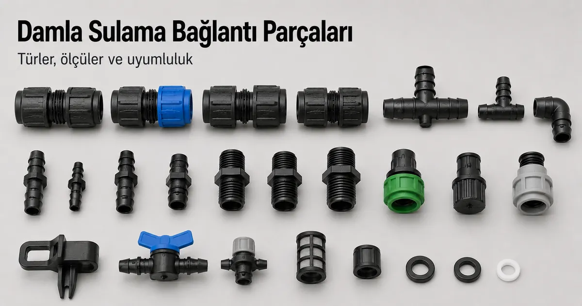 Farklı bağlantı türleri ve boru birleşimleri gösteren damla sulama bağlantı parçaları seti