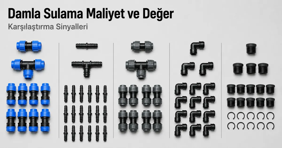 Değer etkenlerini karşılaştırmak için tür ve miktara göre gruplandırılmış damla sulama bağlantı parçaları