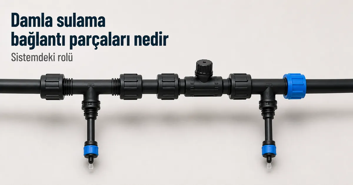 Sulama hattındaki görevini göstermek için boruya takılmış damla sulama bağlantı parçaları