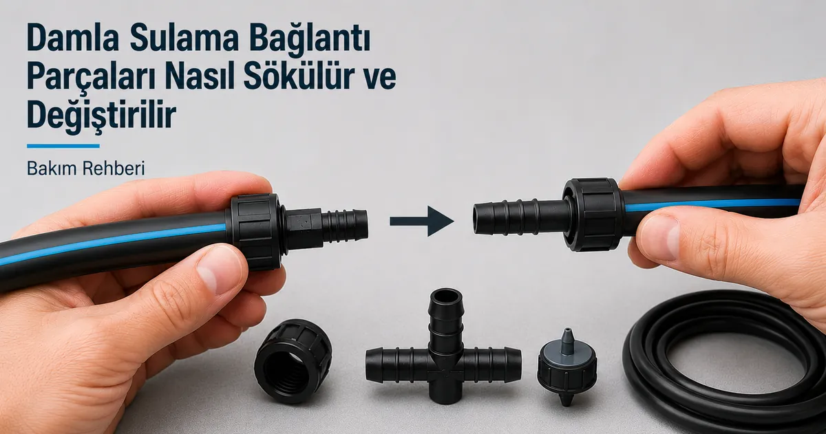 Mevcut boru hattında sökülüp değiştirilen bir damla sulama bağlantı parçası