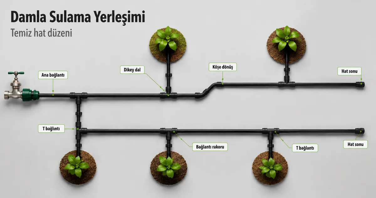 Temiz bir boru düzeninde dallara, köşelere ve uç noktalara yerleştirilmiş damla sulama bağlantı parçaları